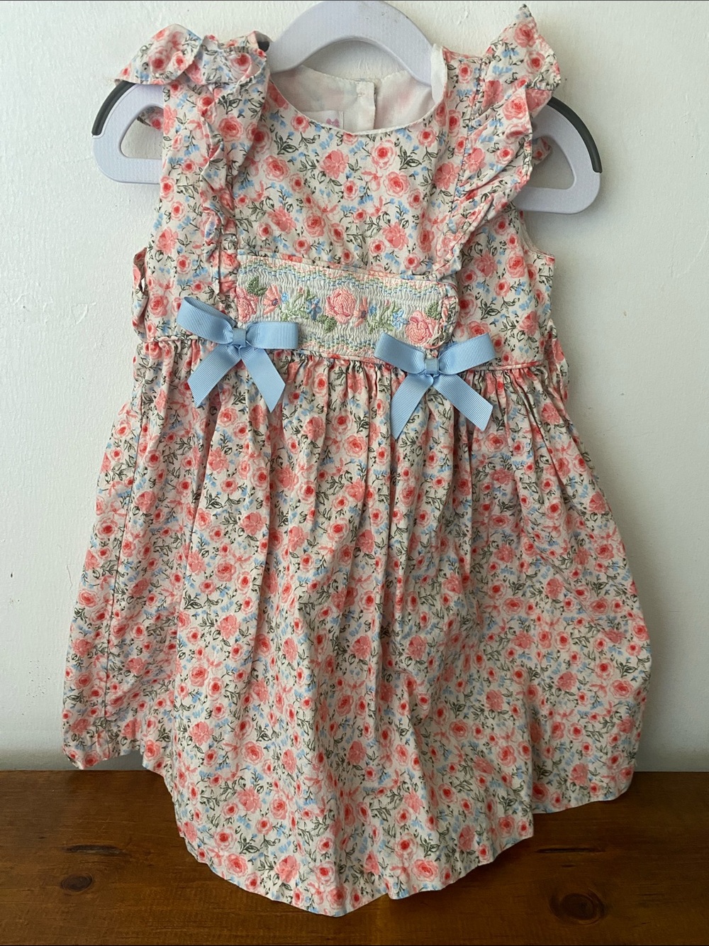 Bonnie Jean Cream Floral Smocked Dress with Light Blue Bows